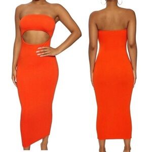 Naked Wardrobe Strapless Cutout Dress in Vibrant Orange